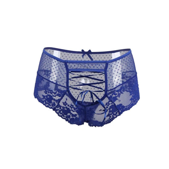 Tanga lacé dentelle taille haute Bleu - Litolu Lingerie