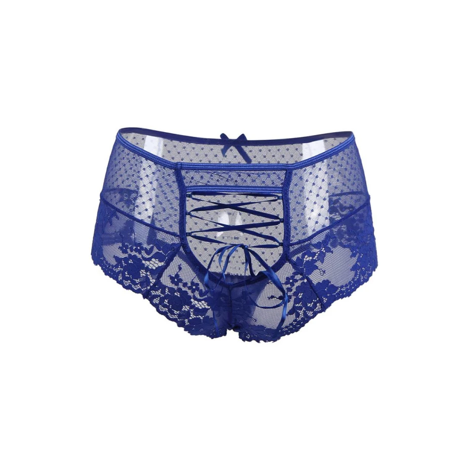 Tanga lacé dentelle taille haute Bleu - Litolu Lingerie