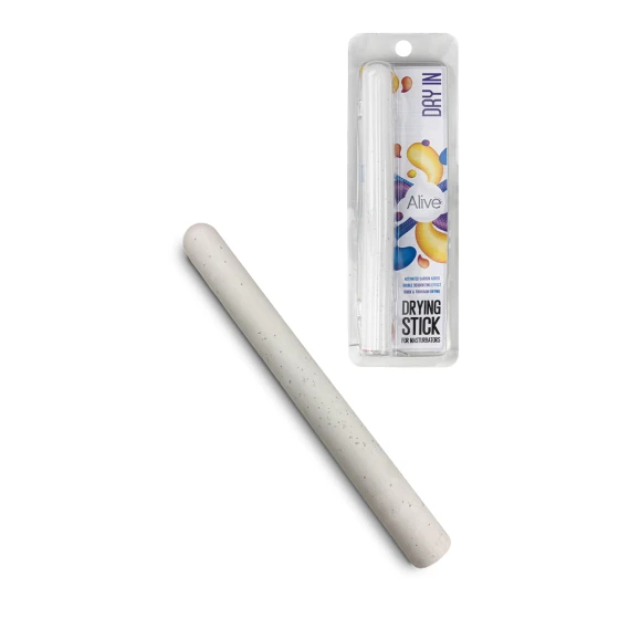 Stick de séchage Dry In Alive blanc grisâtre avec emballage plastique transparent et étiquette bleue
