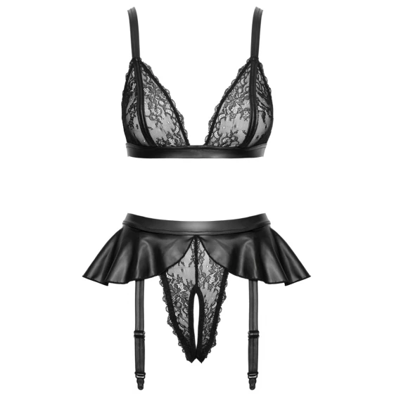 Soutien-gorge triangle et slip fendu Cottelli posés à plat, vue de face, dentelle noire et jupe wetlook. L'éveil des sens.