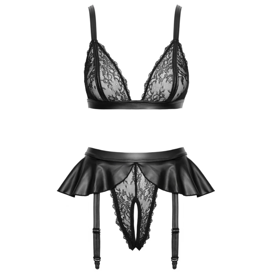 Soutien-gorge triangle et slip fendu Cottelli posés à plat, vue de face, dentelle noire et jupe wetlook. L'éveil des sens.