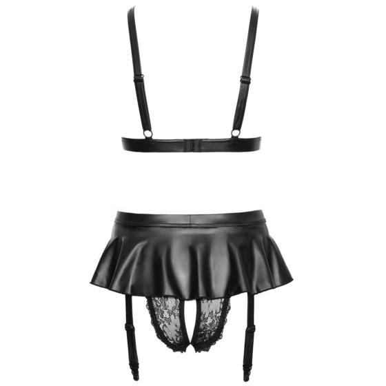 Ensemble Cottelli lingerie noir posé à plat, vue de dos, jarretelles et fermeture du soutien-gorge. L'éveil des sens.