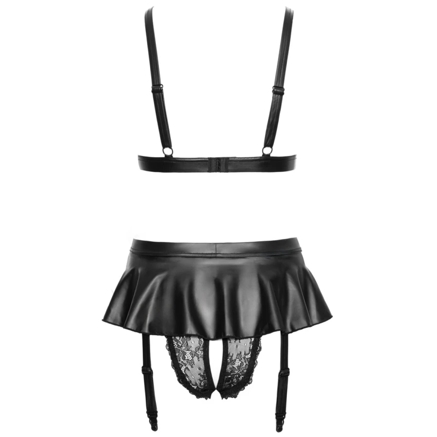 Ensemble Cottelli lingerie noir posé à plat, vue de dos, jarretelles et fermeture du soutien-gorge. L'éveil des sens.