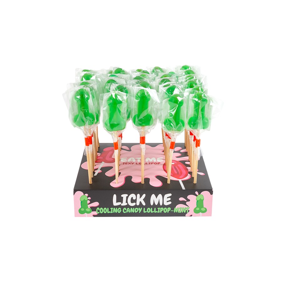 Présentoir de 40 sucettes pénis à la menthe avec effet rafraichissant Présentoir de 40 sucettes pénis à la menthe avec effet rafraichissant