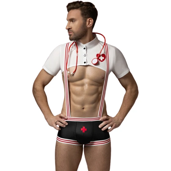 Déguisement docteur sexy J Lingerie, gilet médical blanc bordé rouge ouvert, short noir et stéthoscope, vue de face