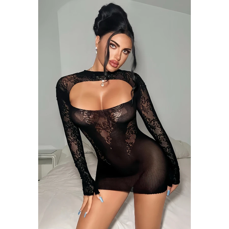 Robe résille noire décolletée à manches longues - J Lingerie