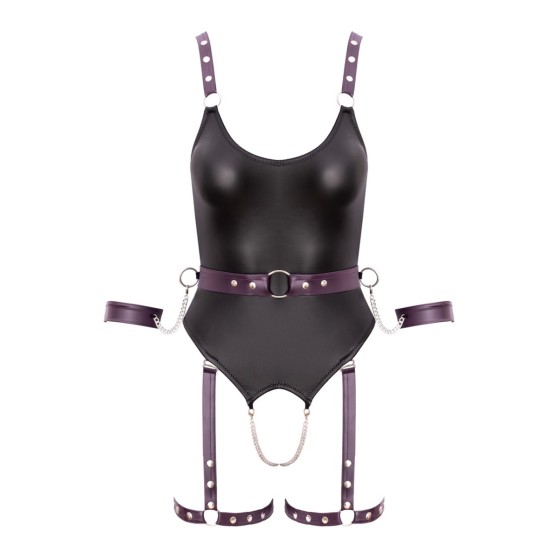 Body à jarretelles ouvert avec menottes - Cottelli Bondage