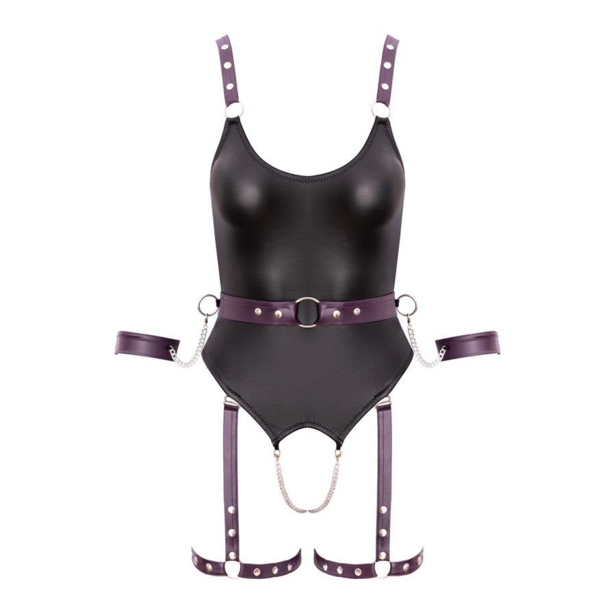 Body à jarretelles ouvert avec menottes - Cottelli Bondage