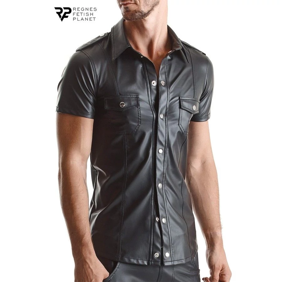 Chemise manches courtes wetlook noire Luca - Regnes Chemise manches courtes wetlook noire Luca - Regnes