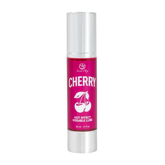 Flacon rose 50 ml lubrifiant chauffant cerise Secret Play, pompe blanche et motif cerises sur l’étiquette