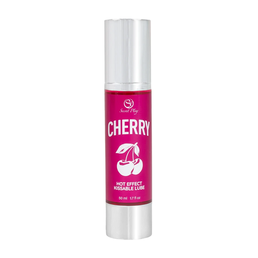 Flacon rose 50 ml lubrifiant chauffant cerise Secret Play, pompe blanche et motif cerises sur l’étiquette