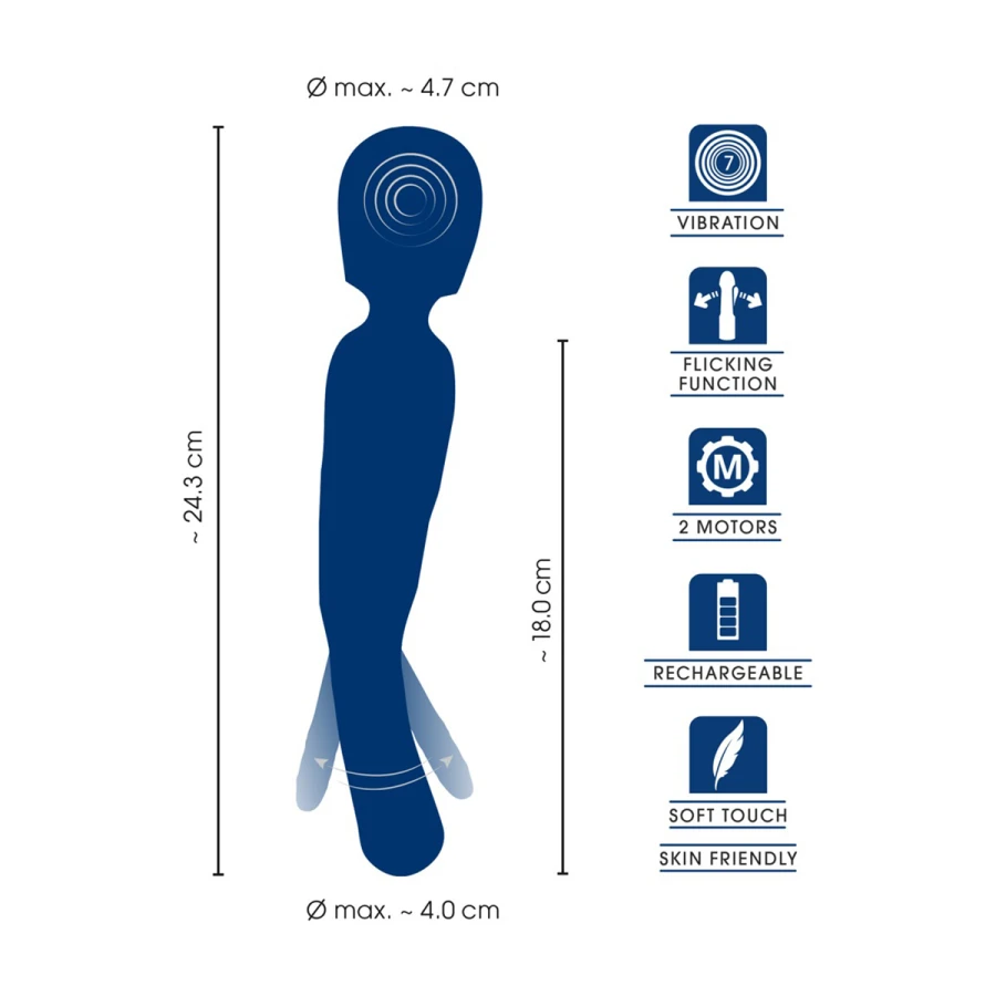 Schéma dimensions Sweet Smile : longueur totale 24,3 cm, tête Ø 4,7 cm, manche 18 cm, Ø max 4 cm