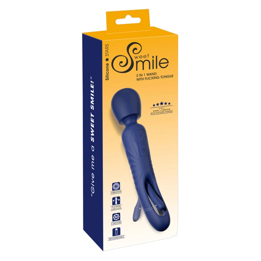 Boîte retail jaune et orange Sweet Smile avec photo du vibro wand bleu